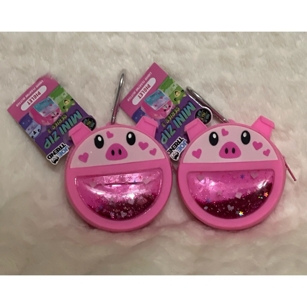 Lot of 2 Joe Trend Series 3 Mini Zip Liquid Floating Glitter Case W/Hook PIGLET